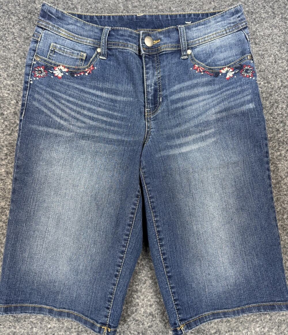 Christopher & Banks Embroidered Denim Shorts 6 Bermuda Stretch Boho Festival 255